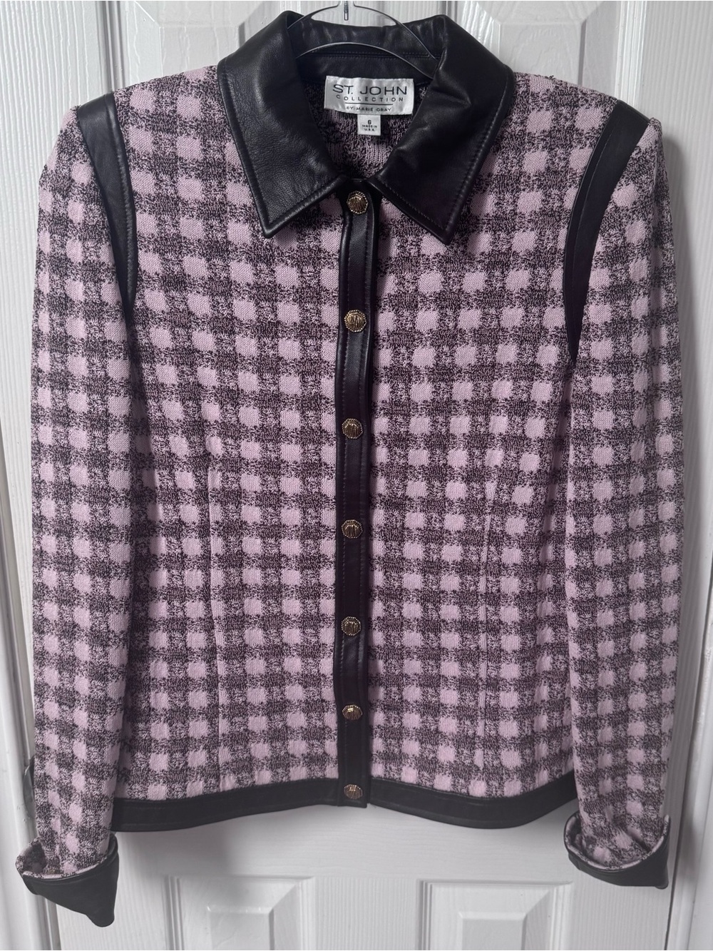 St. John Collection Tweed Leather Knit Jacket Size 6 Pink and Brown